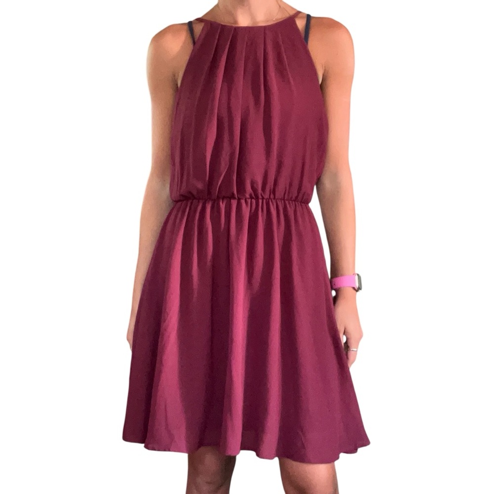 Lush Francescas Women M Wine Maroon Chiffon Sleeveless Halter Blouson Mini Dress - Picture 16 of 16